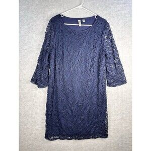Tacera Blue Lace 3/4 Bat Sleeve Wide Round Neck Shift Dress Women's Plus Size 1X